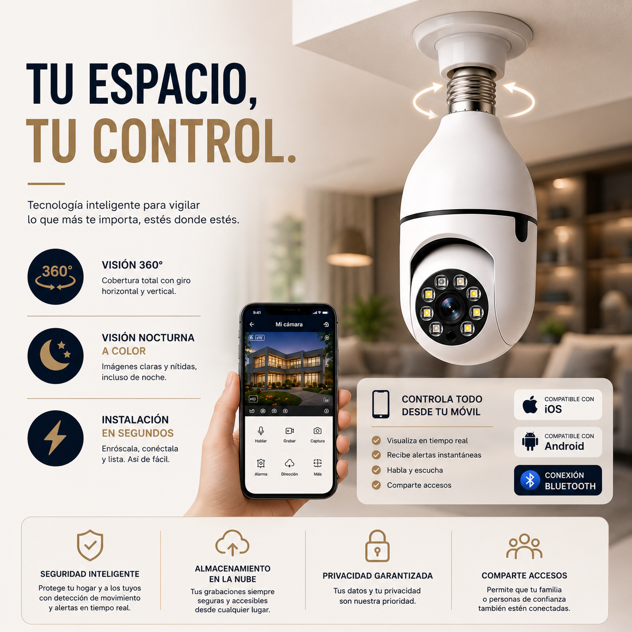Cámara de Seguridad Wifi tipo bombilla 360º HD