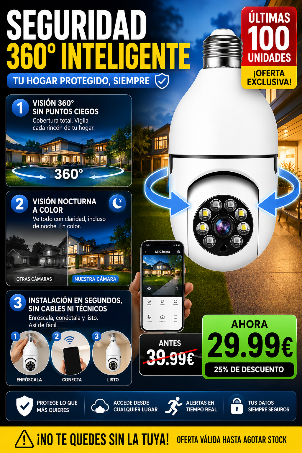 Cámara de Seguridad Wifi tipo bombilla 360º HD